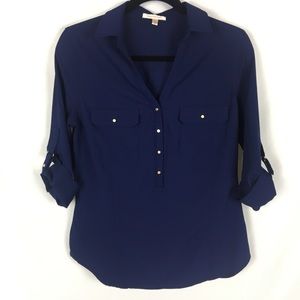 Skies are Blue Navy Button Down Cuffed Sleeve Top